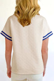 Striped Trim Textured Quarter Zipper Short Sleeve Top - Trendsi - Flyclothing LLC