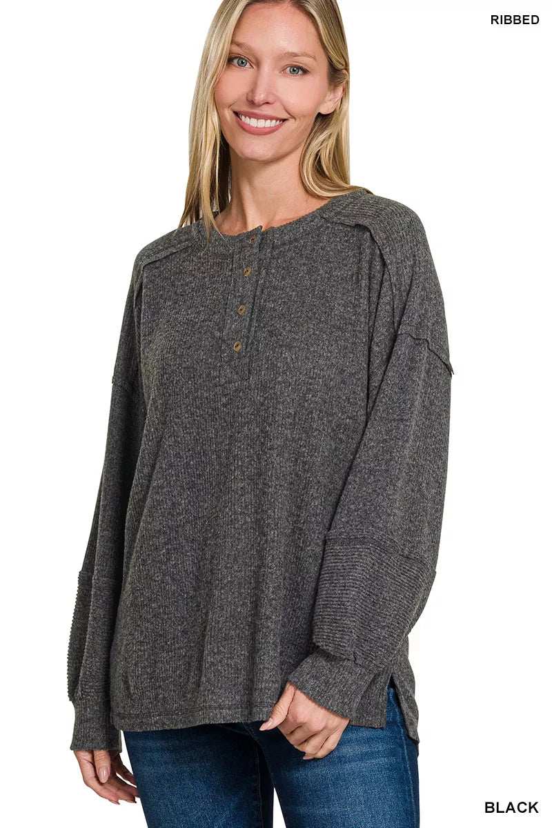 Zenana Full Size Ribbed Brushed Hacci Melange Henley Sweater Plus Size - Trendsi - Flyclothing LLC
