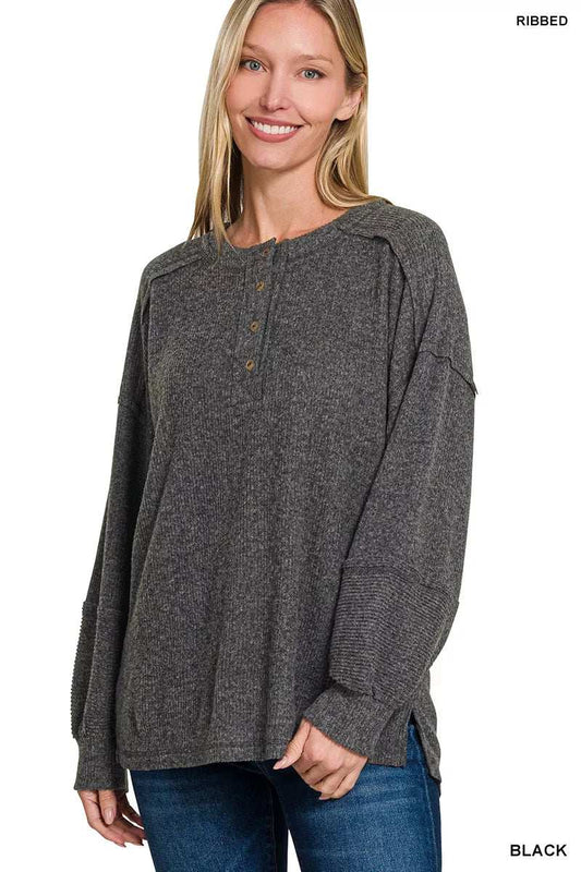 Zenana Full Size Ribbed Brushed Hacci Melange Henley Sweater Plus Size - Trendsi - Flyclothing LLC