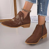 Embroidered Suede Point Toe Block Heel Boots - Trendsi - Flyclothing LLC