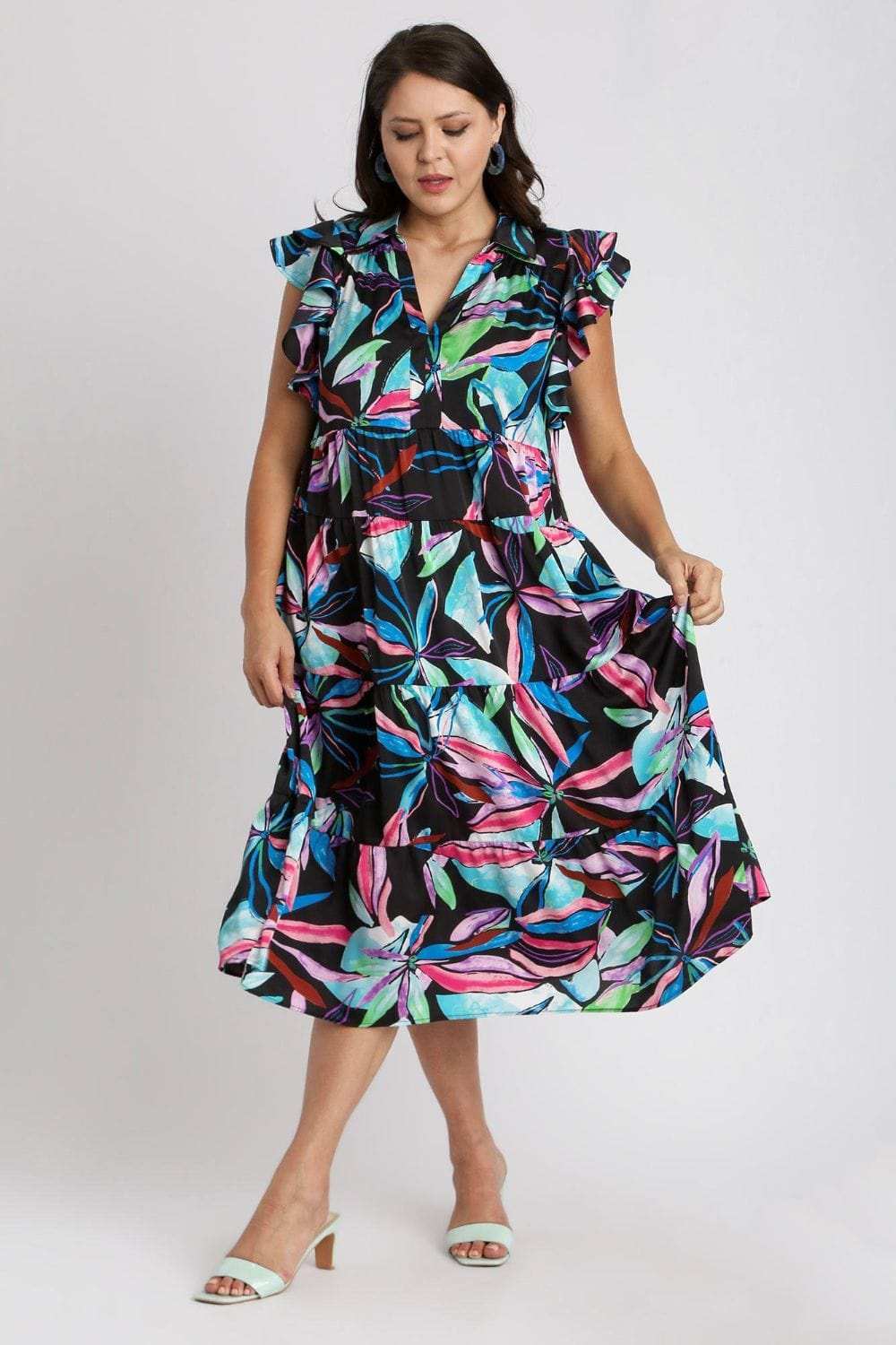 Umgee Full Size Leaf Print Double Layered Ruffle Sleeve Tiered Midi Dress Plus Size - Trendsi - Flyclothing LLC