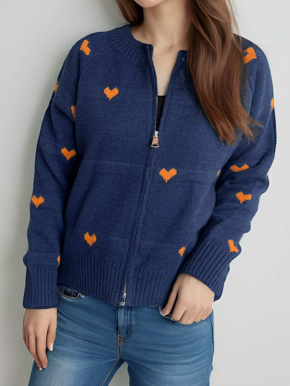 Heart Round Neck Zip Up Cardigan - Trendsi - Flyclothing LLC