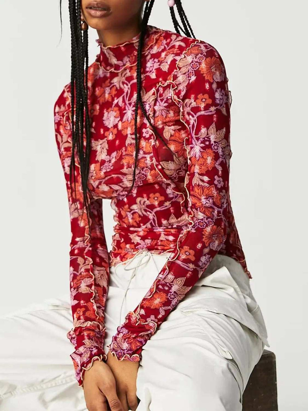 Floral Mock Neck Long Sleeve Top - Trendsi - Flyclothing LLC