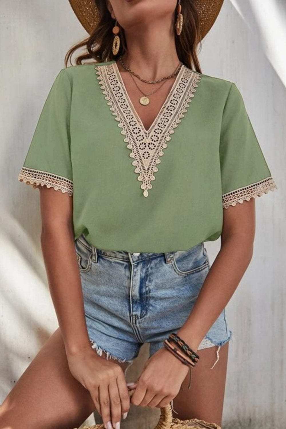 Full Size Lace Detail V-Neck Short Sleeve Blouse - Trendsi - Flyclothing LLC
