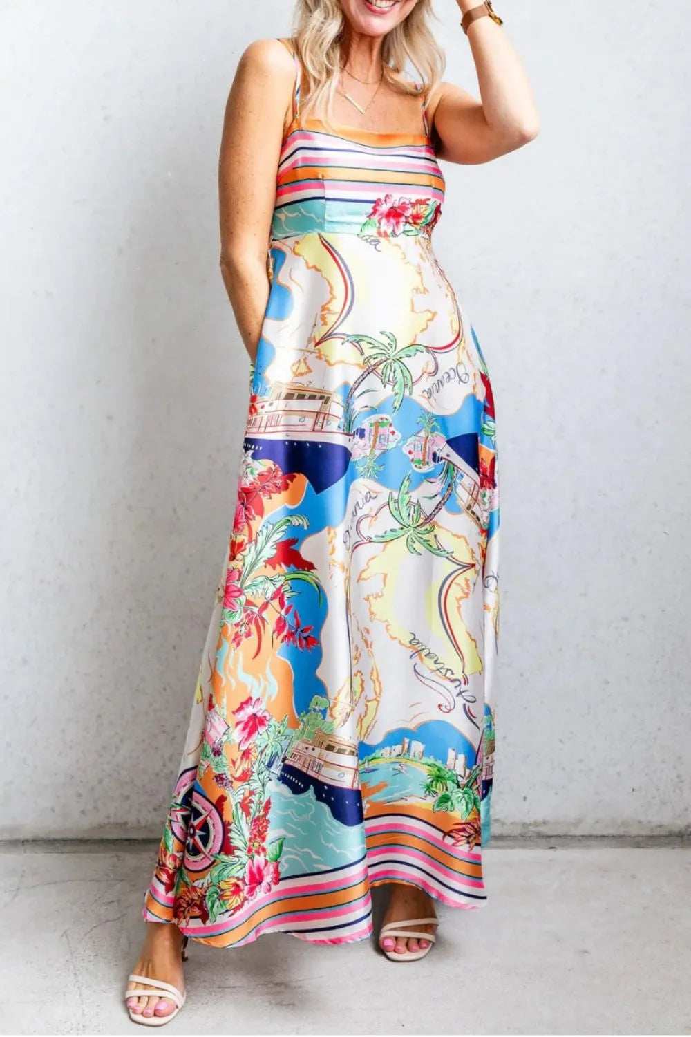 Smocked Back Printed Square Neck Maxi Cami Dress with Pockets - Trendsi - Flyclothing LLC