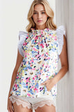 Ruffled Printed Mock Neck Cap Sleeve Blouse - Trendsi - Flyclothing LLC