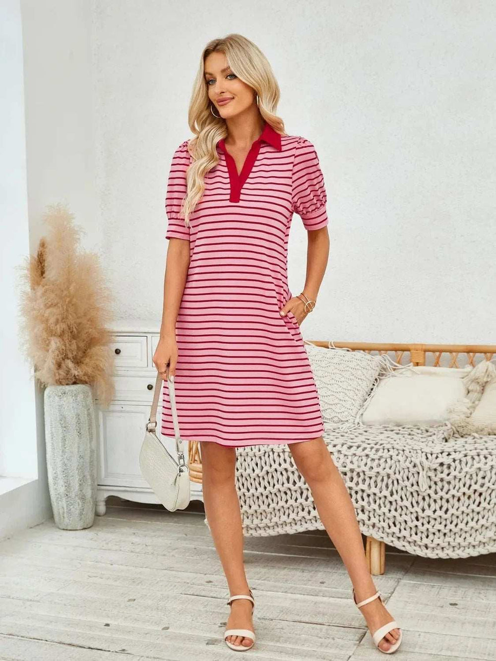 Contrast Striped Short Sleeve Mini Dress - Trendsi - Flyclothing LLC