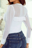 Pearl Decor Mesh Patchwork Ribbed Long Sleeve Top - Trendsi - Flyclothing LLC