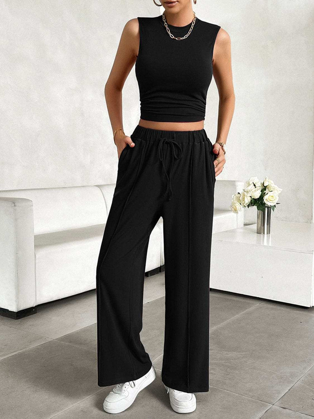 Mock Neck Sleeveless Top and Drawstring Pants Set - Trendsi - Flyclothing LLC