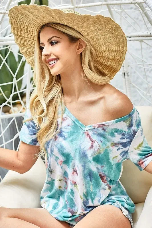 BiBi Tie Dye Terry V Neck Top - Trendsi - Flyclothing LLC
