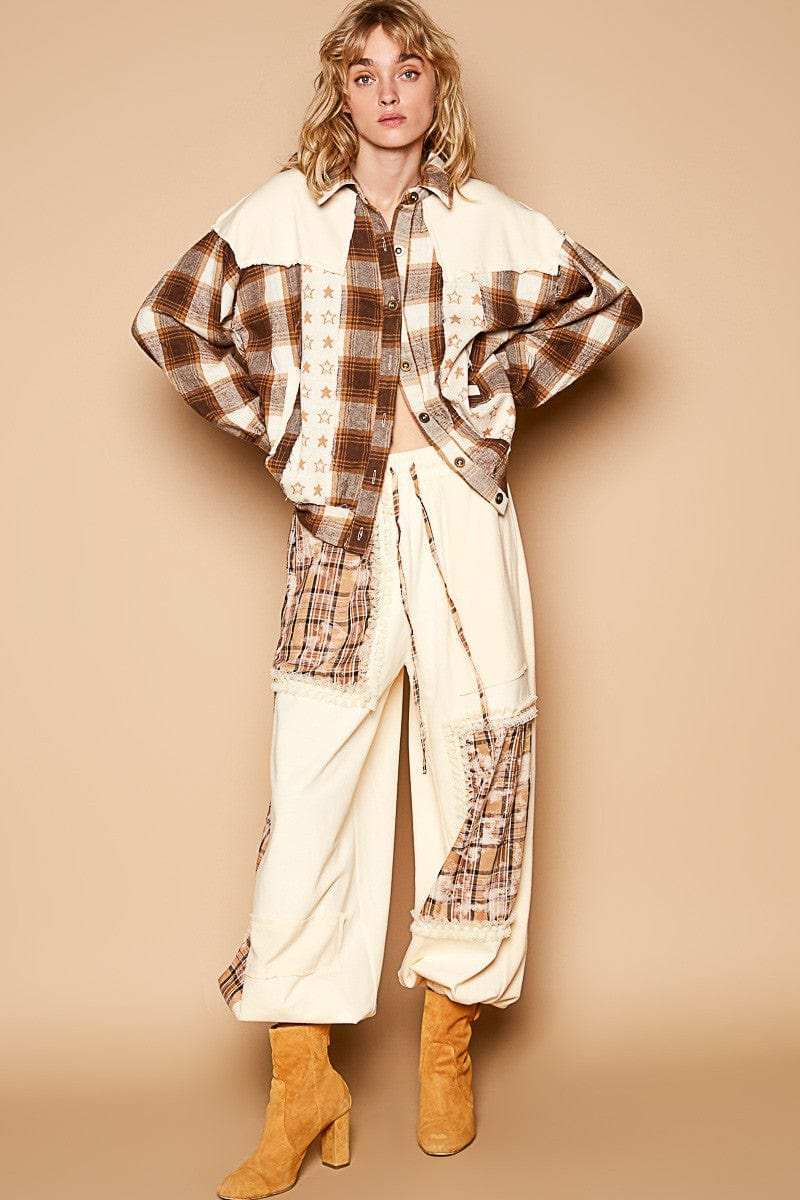 POL Plaid & Star Patchwork Contrast Long Sleeve Shacket - Trendsi - Flyclothing LLC