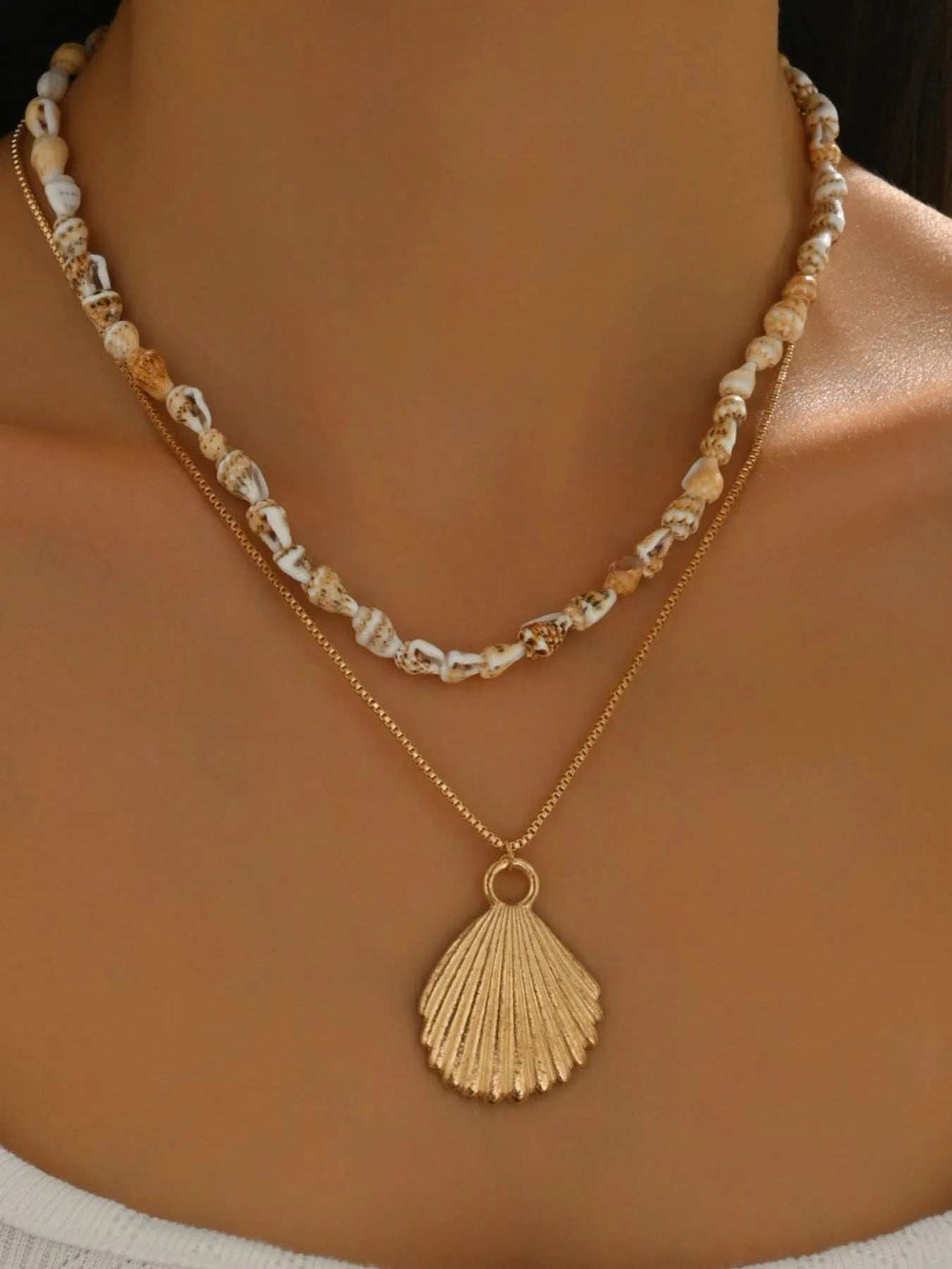 18K Gold-Plated Shell Layered Shell Pendant Necklace - Trendsi - Flyclothing LLC