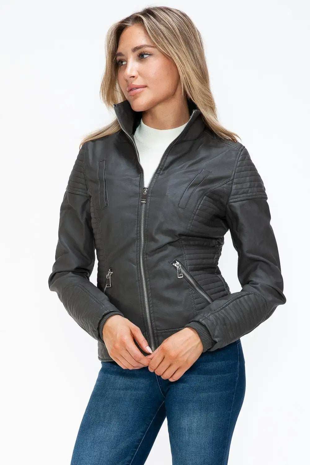 YMI Faux Layered Double-Zipper Jacket with Fuzzy Hood - Trendsi - Flyclothing LLC