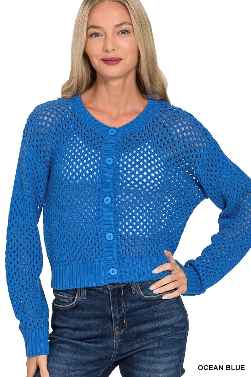 Zenana Button Down Lightweight Crochet Cardigan Sweater - Trendsi - Flyclothing LLC