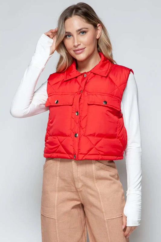 Snobbish Snap Down Quilted Crop Vest - Trendsi - Flyclothing LLC