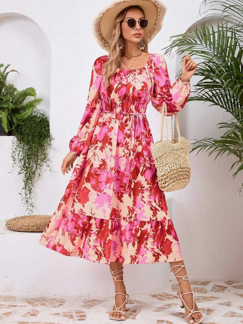 Printed Long Sleeve Midi Dress - Trendsi - Flyclothing LLC