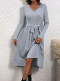 Surplice Tie Waist Long Sleeve Midi Dress - Trendsi - Flyclothing LLC
