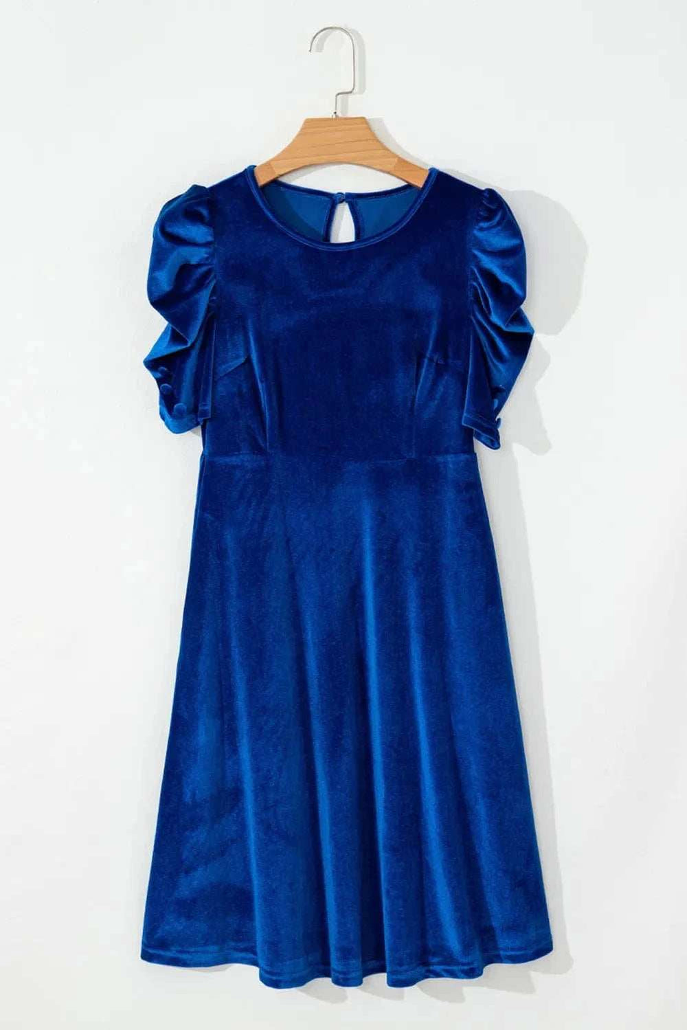 Velvet Round Neck Puff Sleeve Dress - Trendsi - Flyclothing LLC