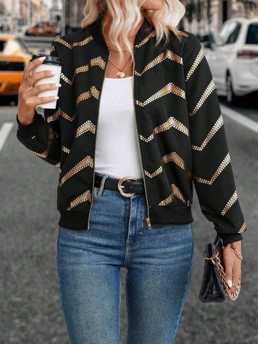 Printed Baseball Collar Zip Up Jacket - Trendsi - Flyclothing LLC