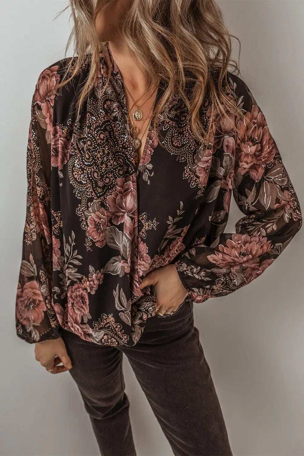 Printed Surplice Long Sleeve Blouse - Trendsi - Flyclothing LLC
