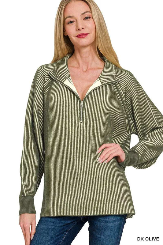 Zenana Ribbed Two Tone Half Zip Sweater - Trendsi - Flyclothing LLC