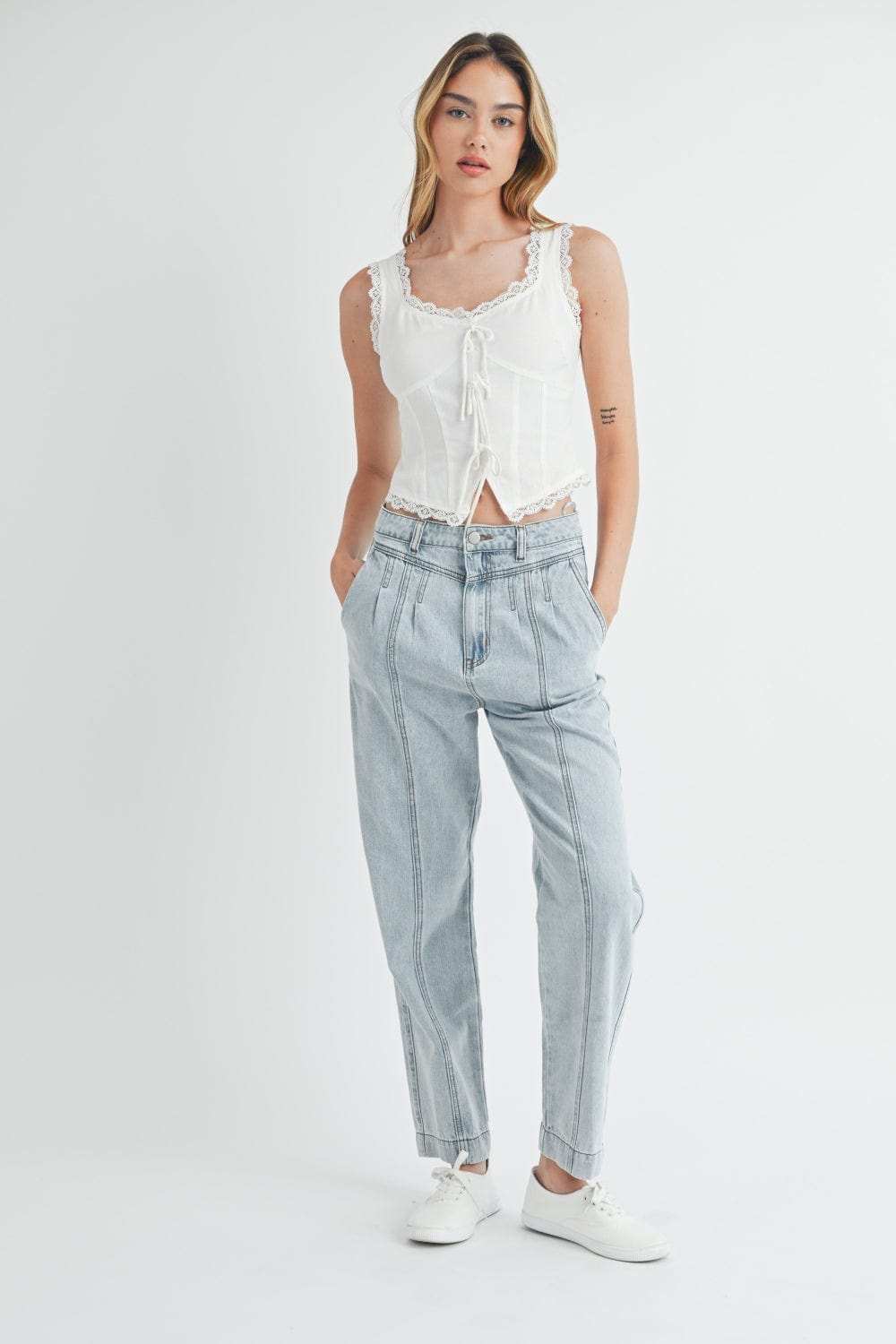 MABLE Pleated Front Detail Straight Jeans - Trendsi - Flyclothing LLC