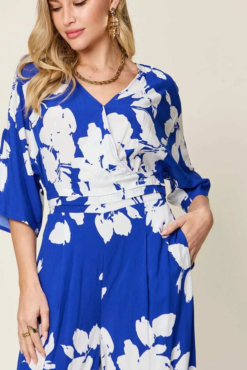 Double Take Full Size Printed Tie Back Wide Leg Jumpsuit - Trendsi - Flyclothing LLC