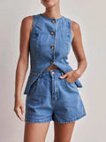 Button Down Vest and Shorts Denim Set - Trendsi - Flyclothing LLC