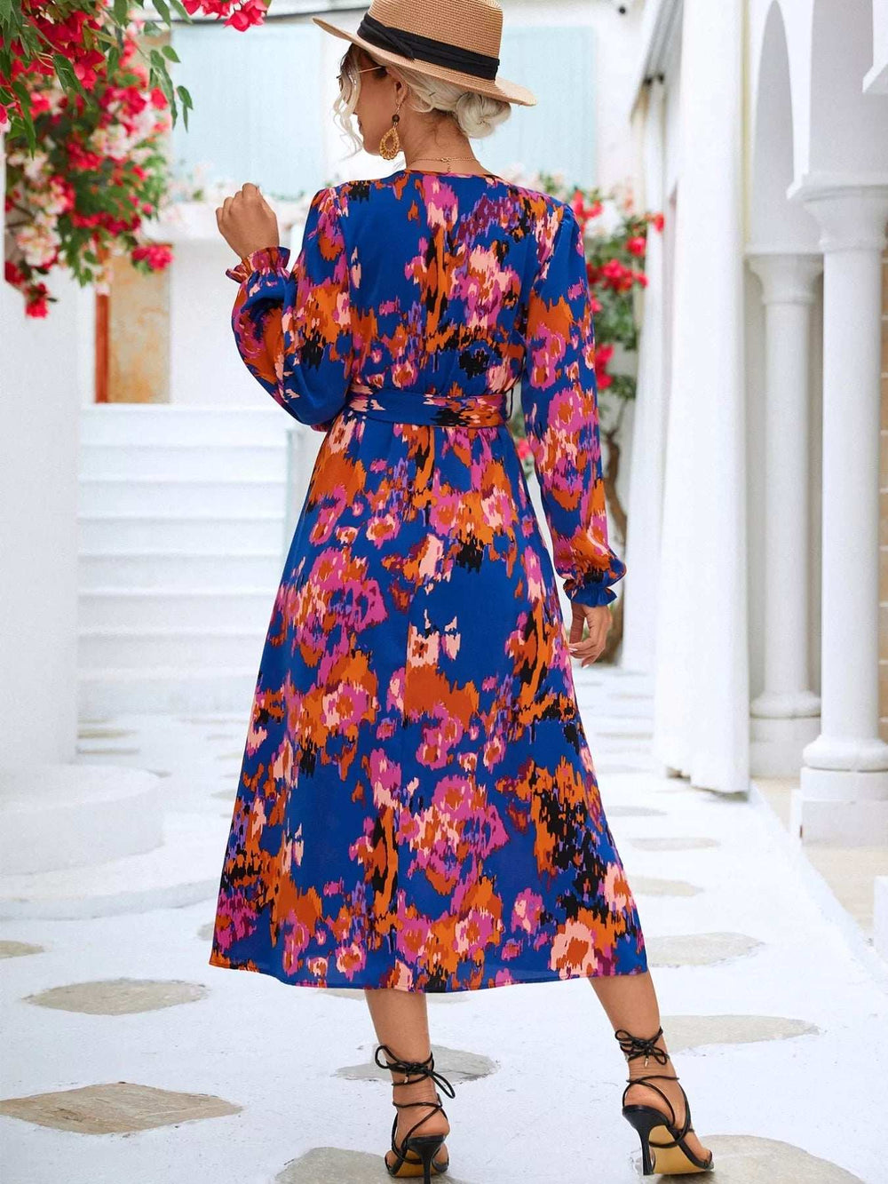 Printed Surplice Long Sleeve Midi Dress - Trendsi - Flyclothing LLC