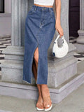 Slit Midi Denim Skirt with Pockets - Trendsi - Flyclothing LLC