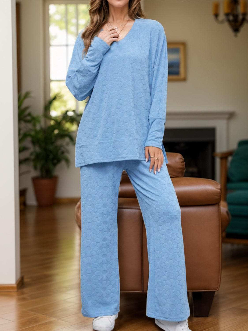 Flower V-Neck Long Sleeve Top and Pants Set - Trendsi - Flyclothing LLC