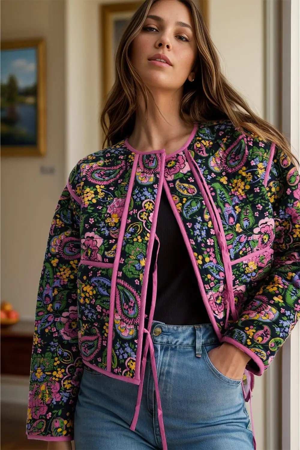 Tied Printed Long Sleeve Jacket - Trendsi - Flyclothing LLC