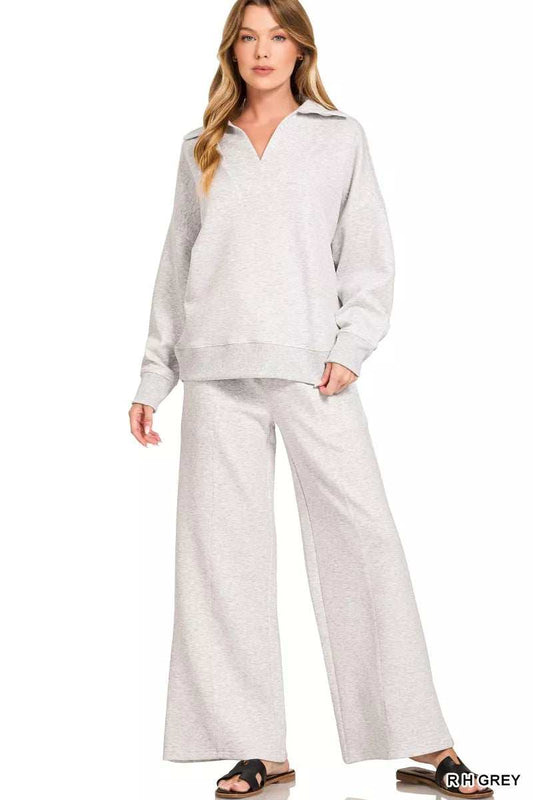 Zenana Scuba Collared Pullover and Pants Set - Trendsi - Flyclothing LLC