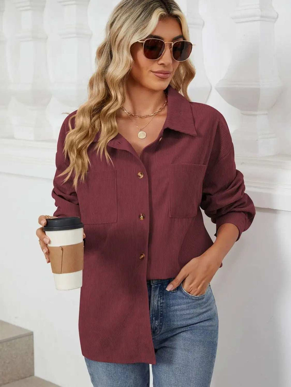Button Up Dropped Shoulder Long Sleeve Outerwear - Trendsi - Flyclothing LLC