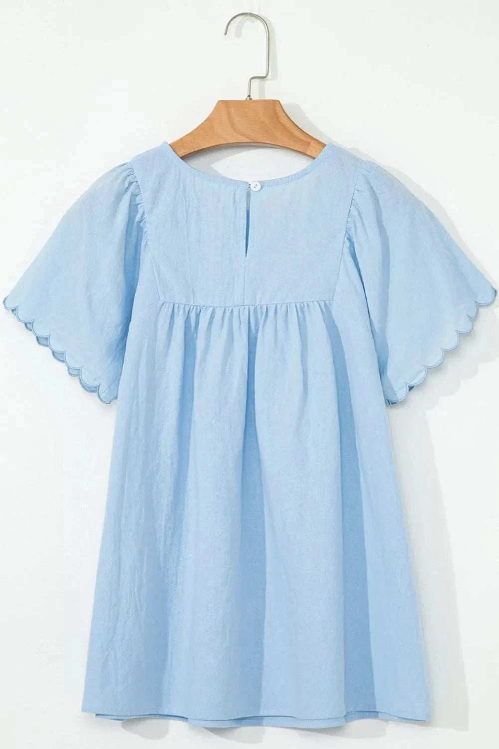 Solid Color Embroidered Scalloped Sleeves Crew Neck Blouse - Trendsi - Flyclothing LLC