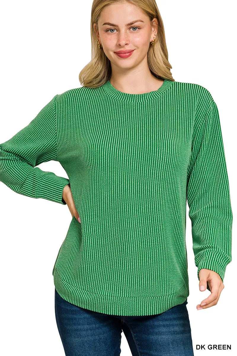 Zenana Full Size Raised Rib Round Neck Long Sleeve Top Plus Size - Trendsi - Flyclothing LLC
