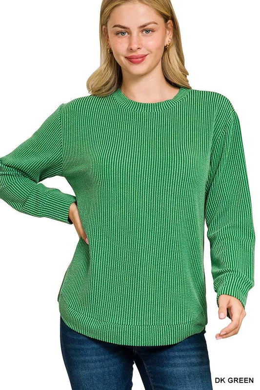 Zenana Full Size Raised Rib Round Neck Long Sleeve Top Plus Size - Trendsi - Flyclothing LLC