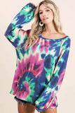 BiBi Tie Dye Print Terry Top with Puff Sleeves - Trendsi - Flyclothing LLC