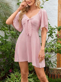 Smocked Back Knotted Flutter Sleeve Dress - Trendsi - Flyclothing LLC