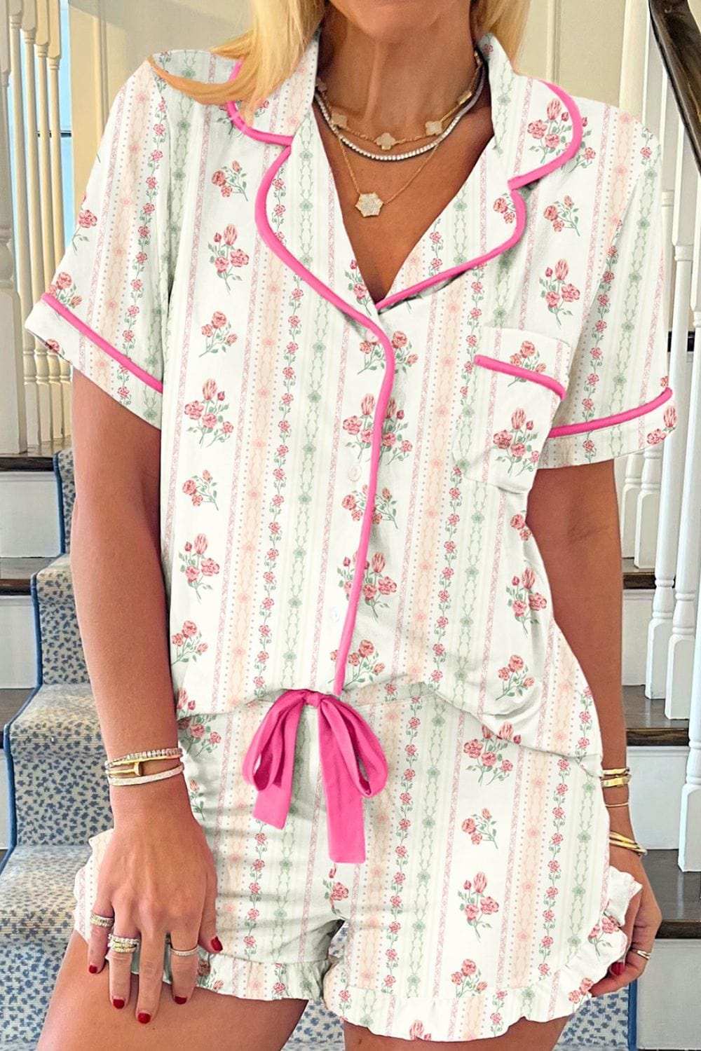 Printed Button Up Short Sleeve Top and Shorts Lounge Set - Trendsi - Flyclothing LLC