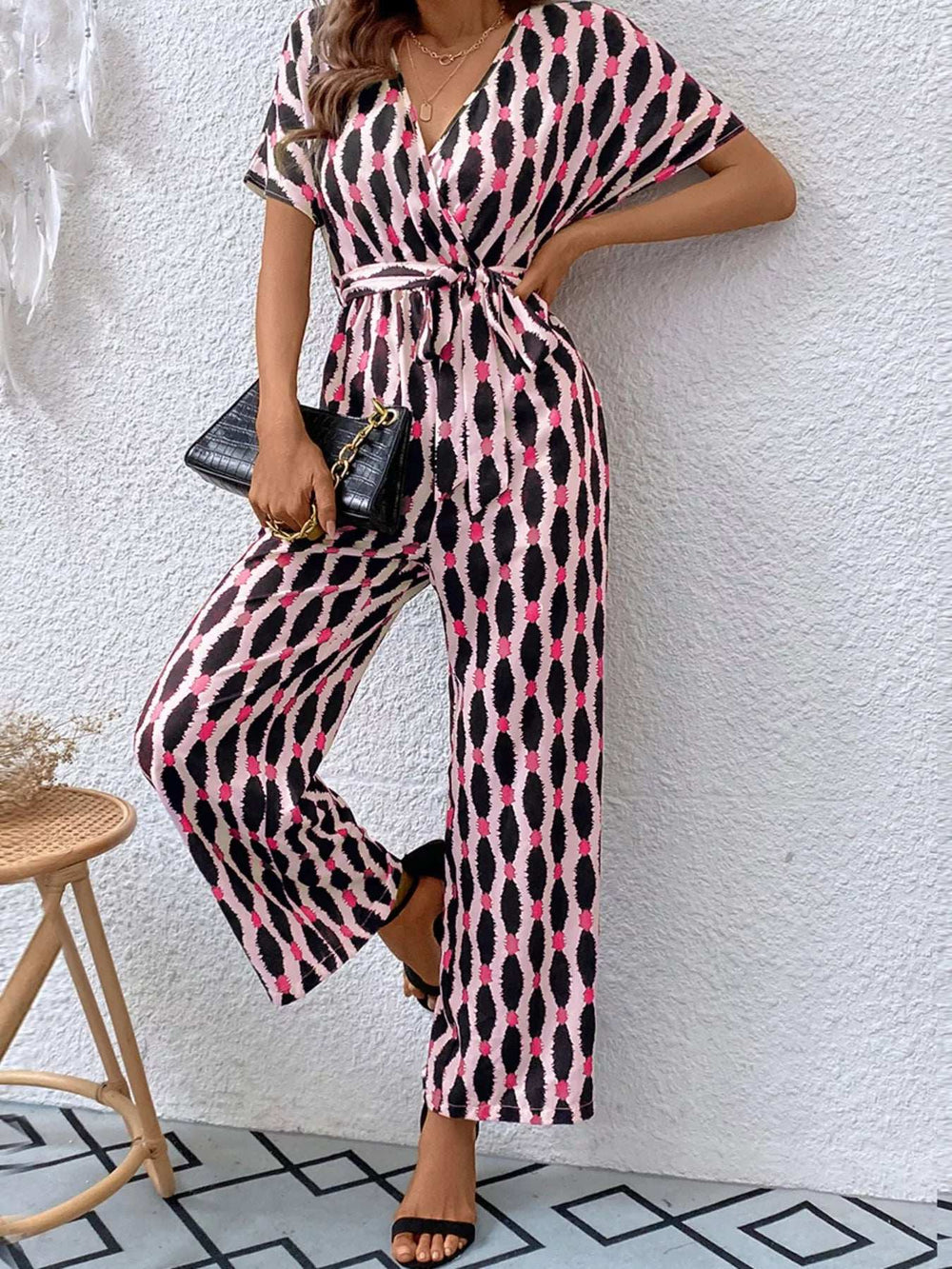 Printed Surplice Tie Waist Short Sleeve Jumpsuit - Trendsi - Flyclothing LLC