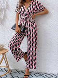 Printed Surplice Tie Waist Short Sleeve Jumpsuit - Trendsi - Flyclothing LLC