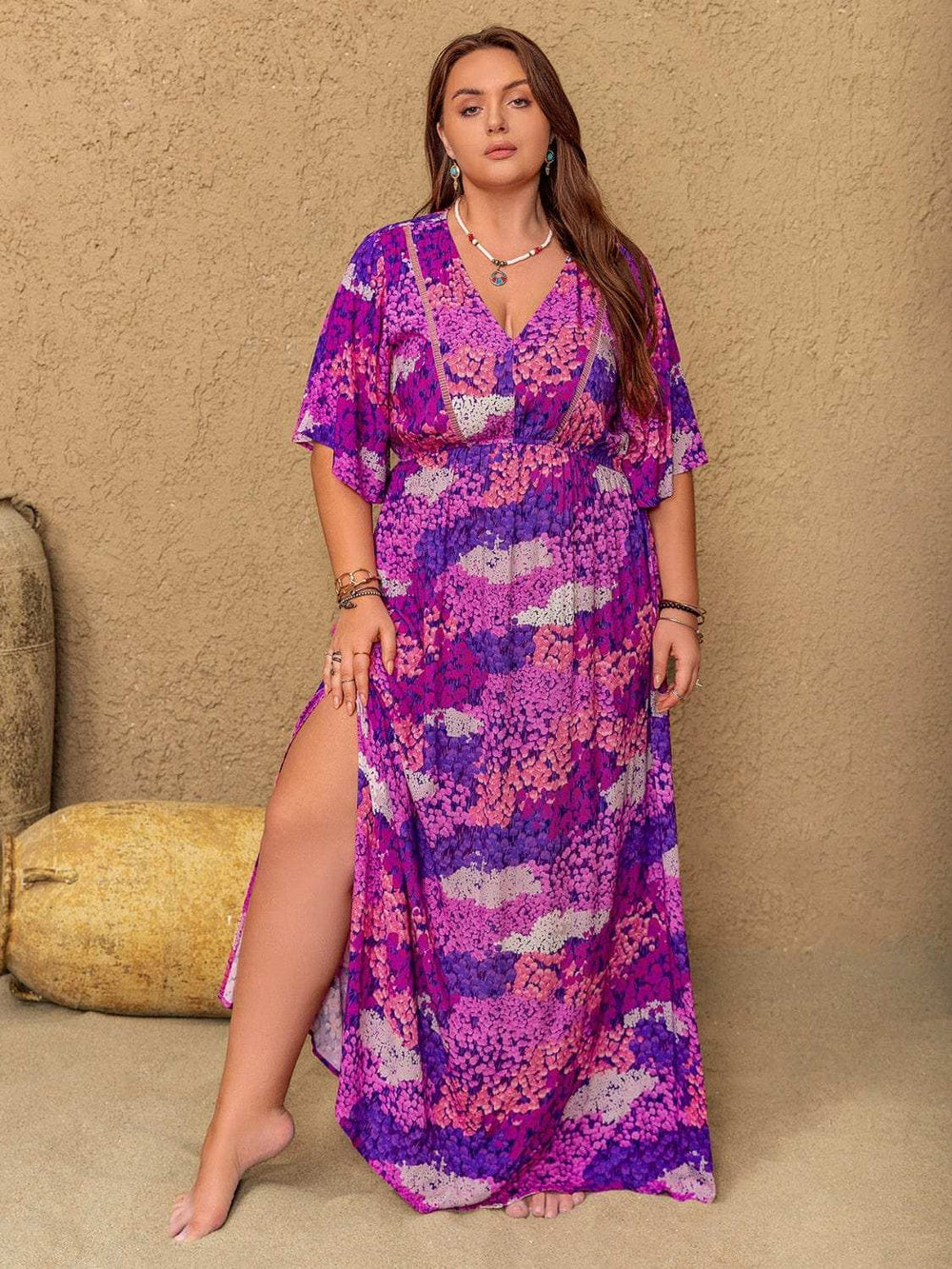 Plus Size Slit Printed Half Sleeve Maxi Dress - Trendsi - Flyclothing LLC