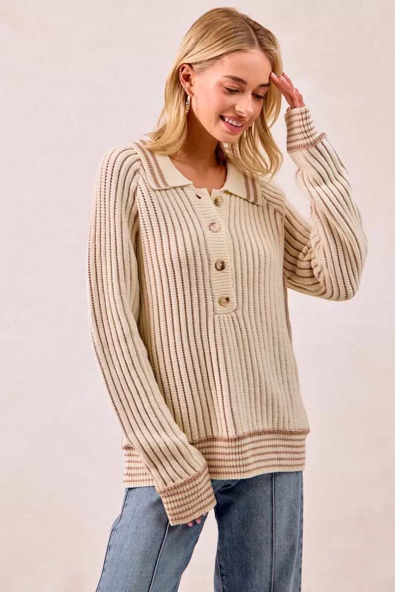BiBi Half Button Ribbed Two Tone Sweater - Trendsi - Flyclothing LLC