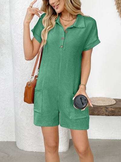 Button Detail Collared Neck Short Sleeve Romper - Trendsi - Flyclothing LLC