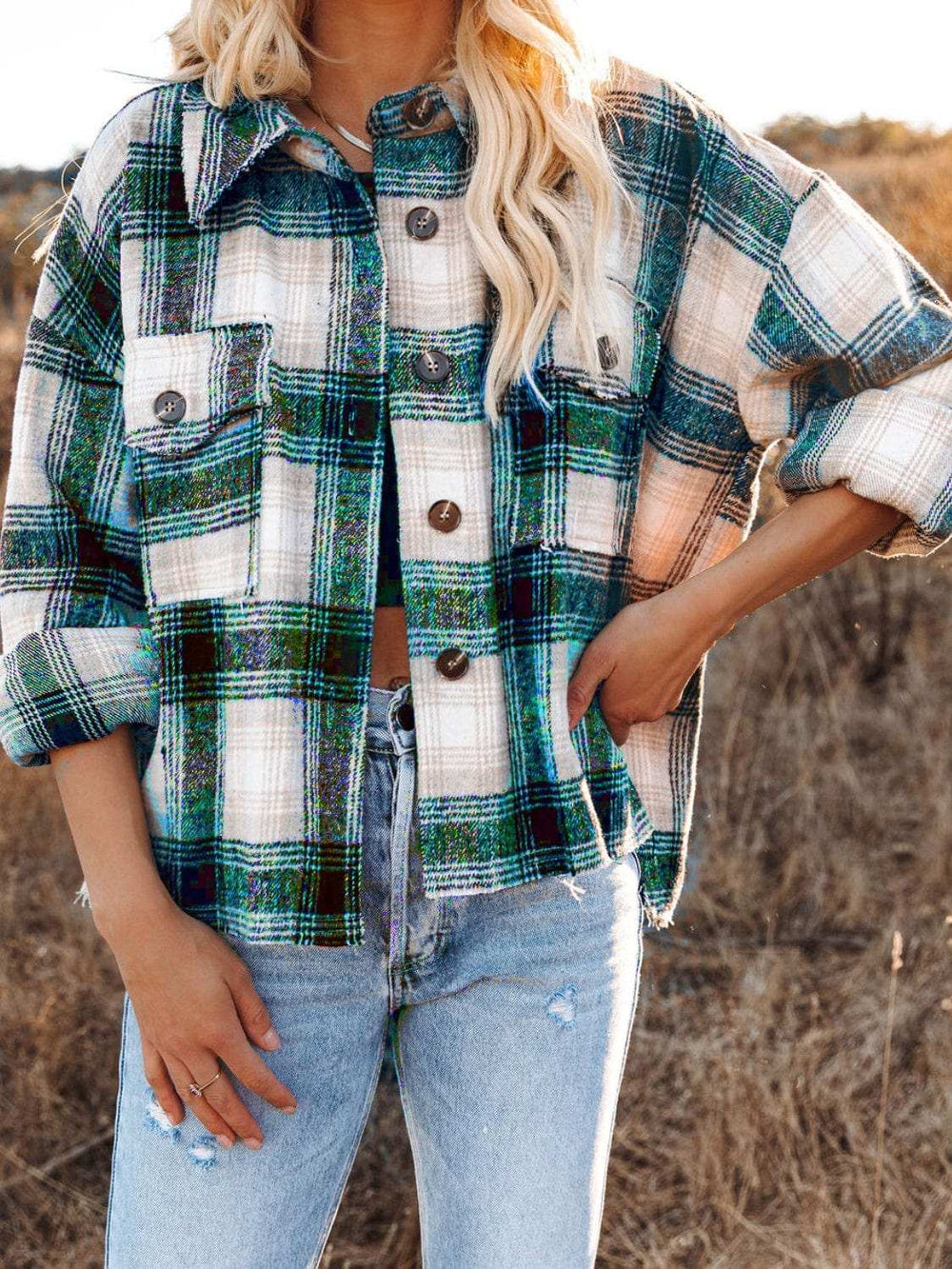 Pocketed Plaid Button Down Long Sleeve Shacket - Trendsi - Flyclothing LLC