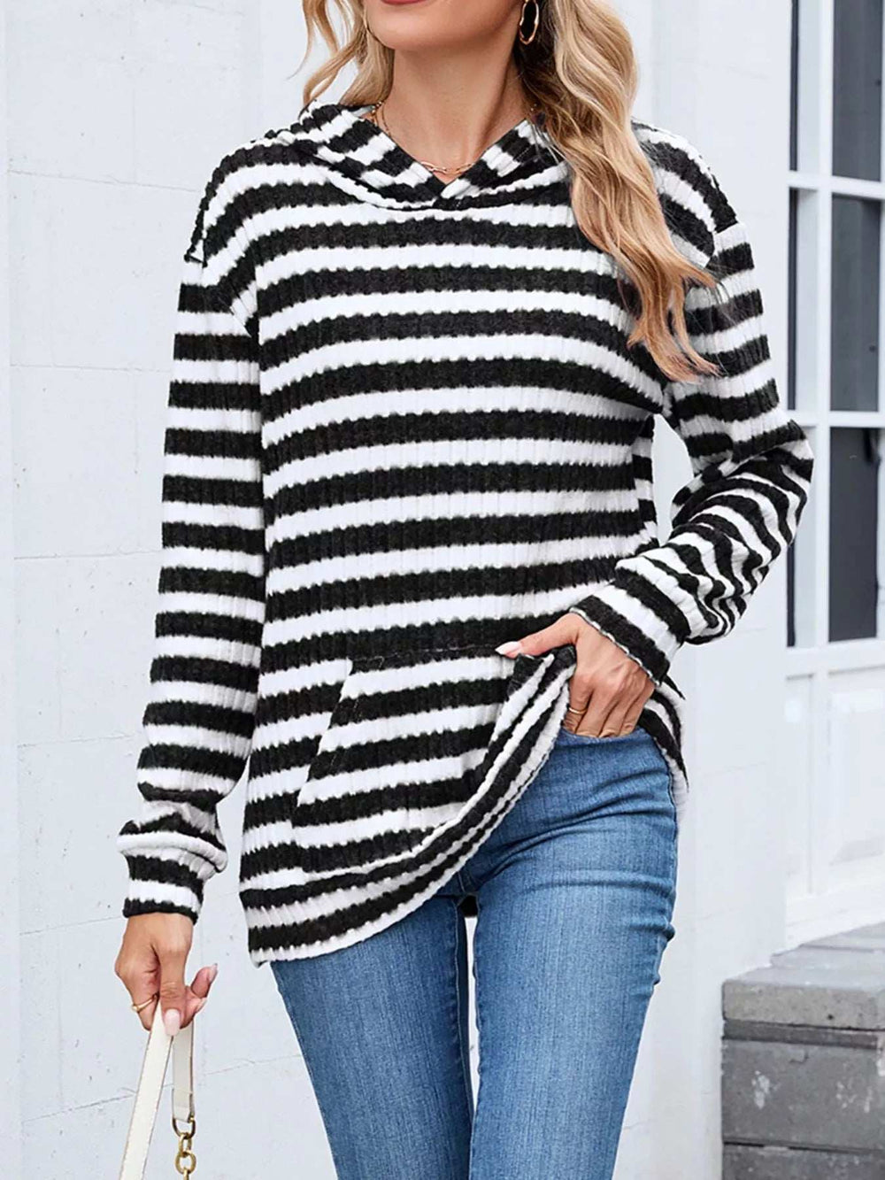 Striped Dropped Shoulder Hoodie - Trendsi - Flyclothing LLC