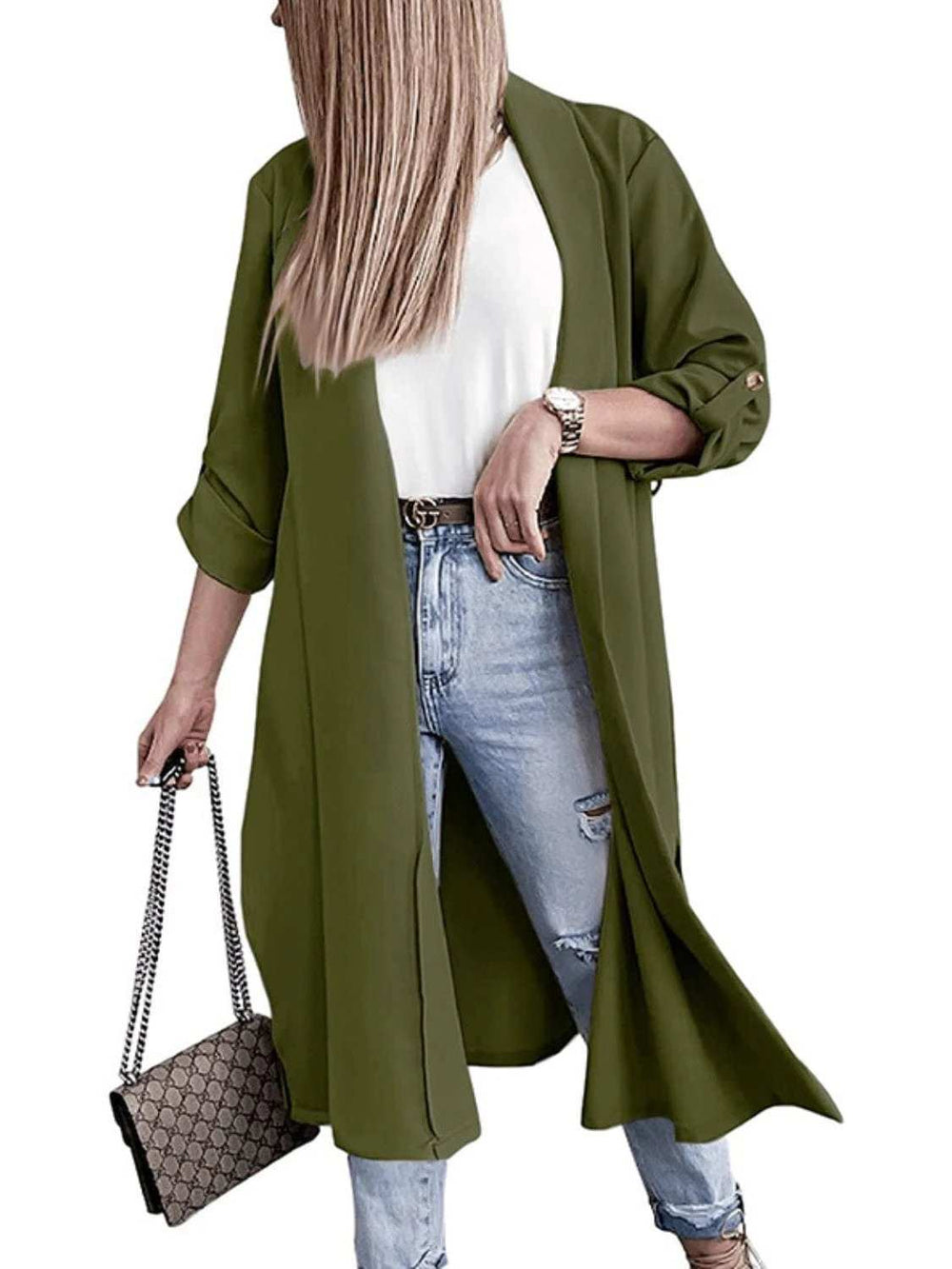 Slit Open Front Roll-Tab Sleeve Trench Coat - Trendsi - Flyclothing LLC