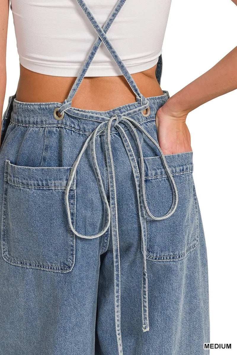 Zenana Denim Medium Washed Wide Leg Overalls - Trendsi - Flyclothing LLC