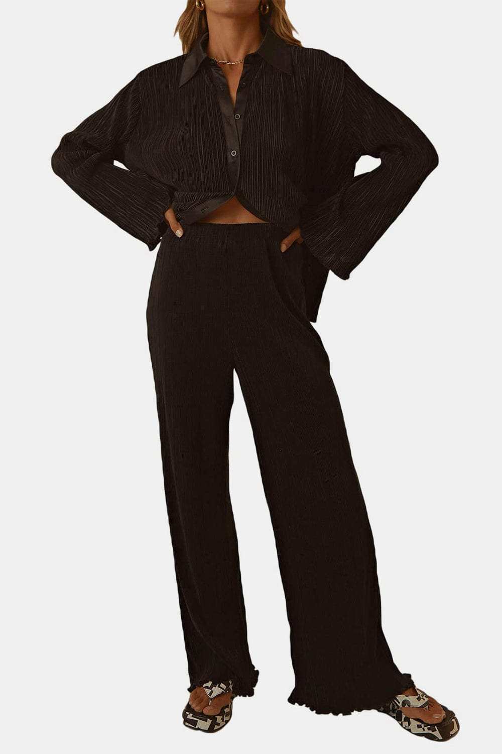 Textured Button Up Collared Neck Top and Pants Set - Trendsi - Flyclothing LLC